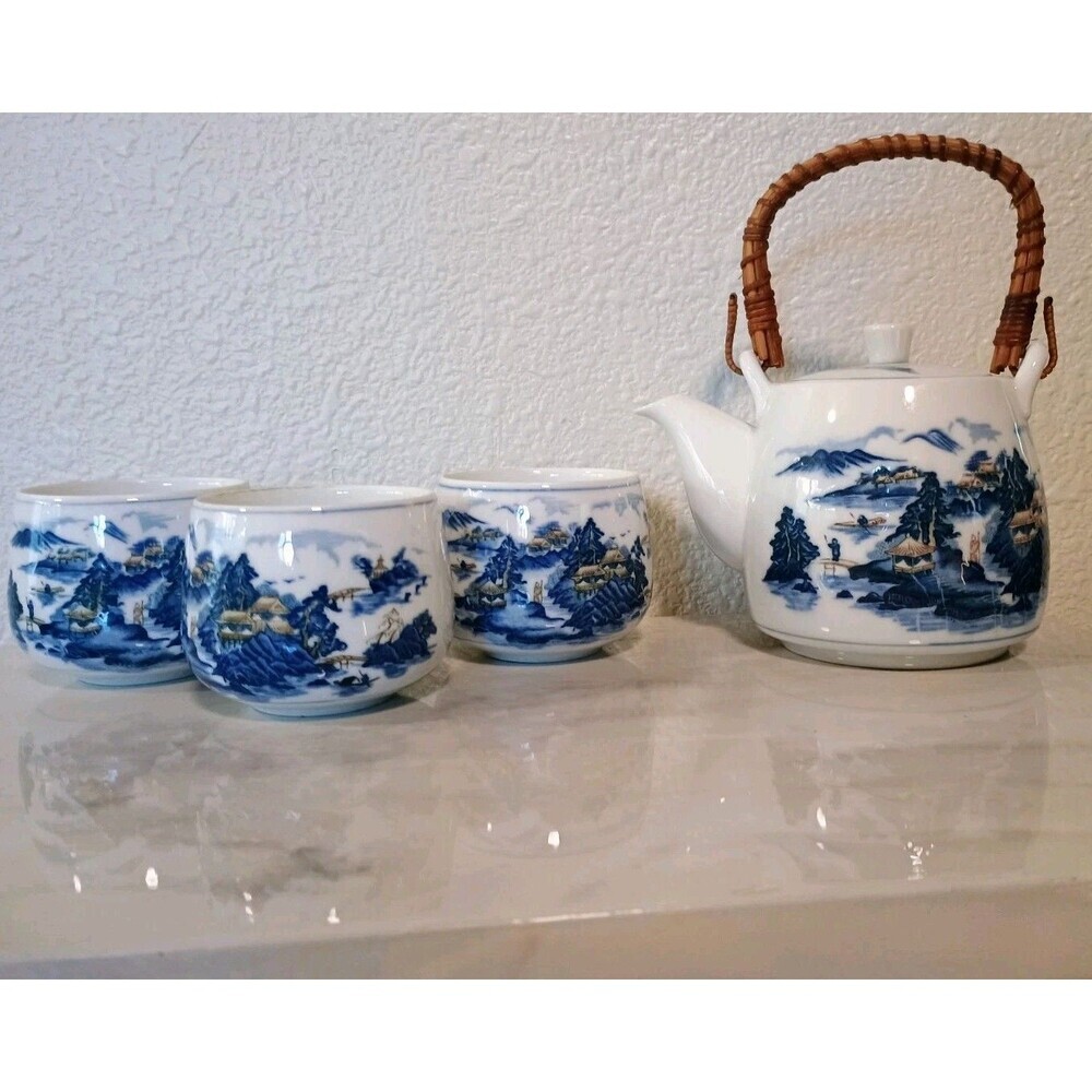 MCI Vintage Blue Japanese Teapot With Bamboo Handle with Three Matching Cups